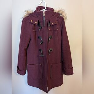 Dynamite Deep Purple Toggle Wool Coat with Faux Fur Hood